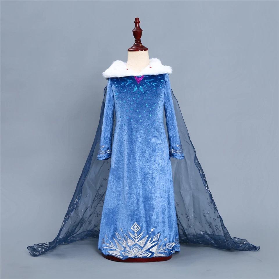 Детское хлопковое платье принцессы Эльзы с длинными рукавами; бархатное платье Анны для маленьких девочек с накидкой со снежинками; Зимние Синие вечерние платья