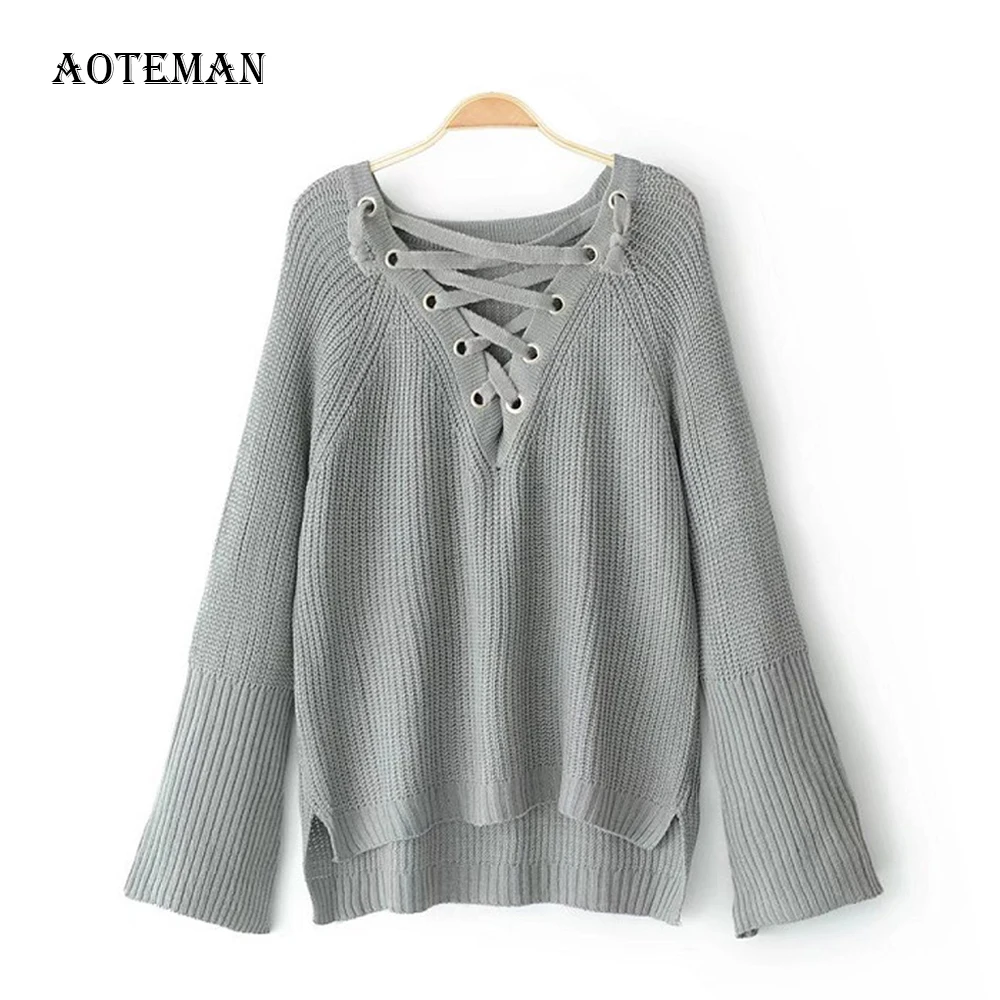 

Autumn Winter Sweater Women 2019 New Vintage Solid Flare Sleeve Oversized Sweater Casual Lace Up Pullover Loose Knitted Sweaters