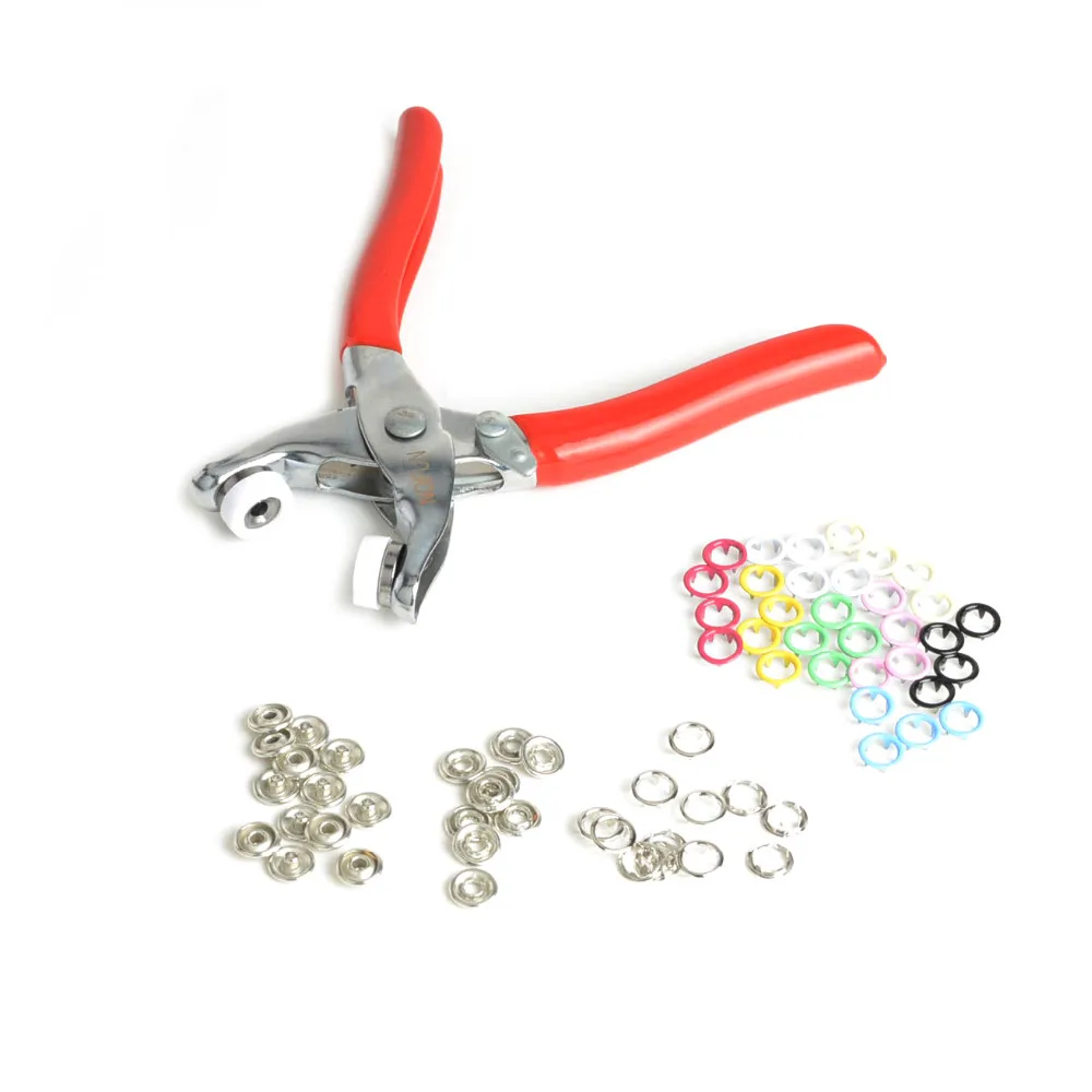 

100Sets 9.5mm Prong Ring Press Studs Snap Fasteners Baby Clothing Buttons Dummy Clip + Hand press Plier