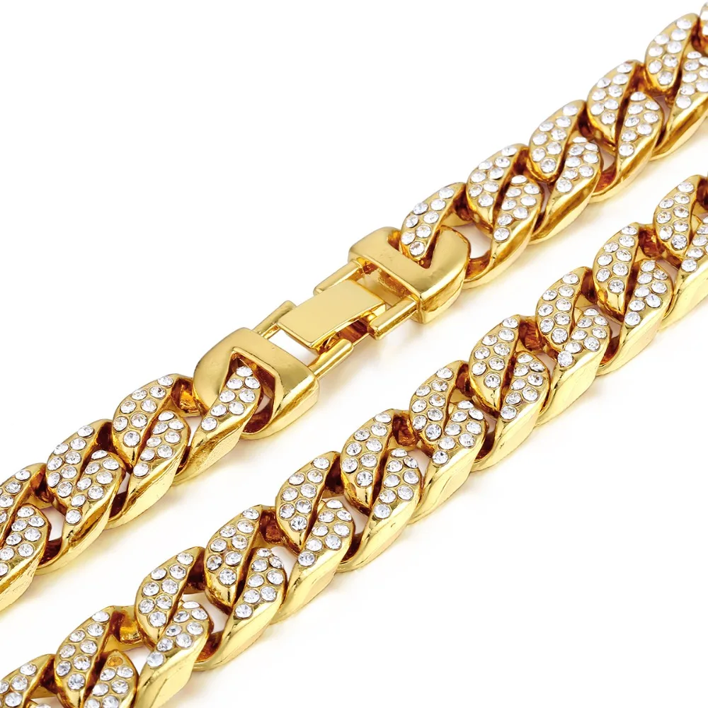 Price 14mm Men s Necklace Miami Curb Cuban Chain Gold Silver Hip Hop Iced Out Paved Rhinestones CZ Rapper Male Necklace Jewelry GN432