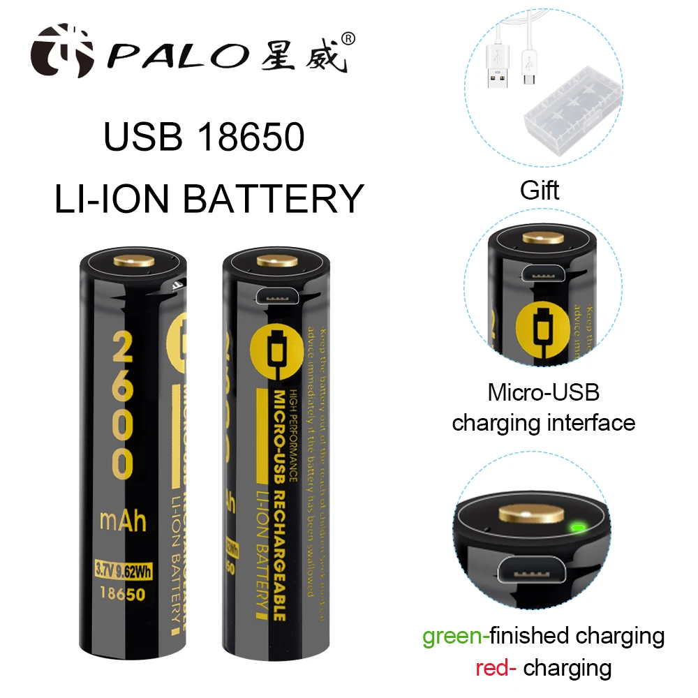 

PALO NEW MICRO USB 18650 Lithium battery 2600mAh 3.7V Li-ion USB Rechargeable Battery With LED Indicator Light DC-Charging