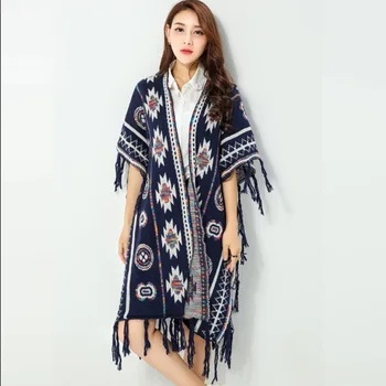 

Women 3 Colors Aztec Long Cardigan Vintage Geo Pattern Tassel Drop Knitted Sweater 2016 Fall Casual Loose Poncho Ethnic Cape