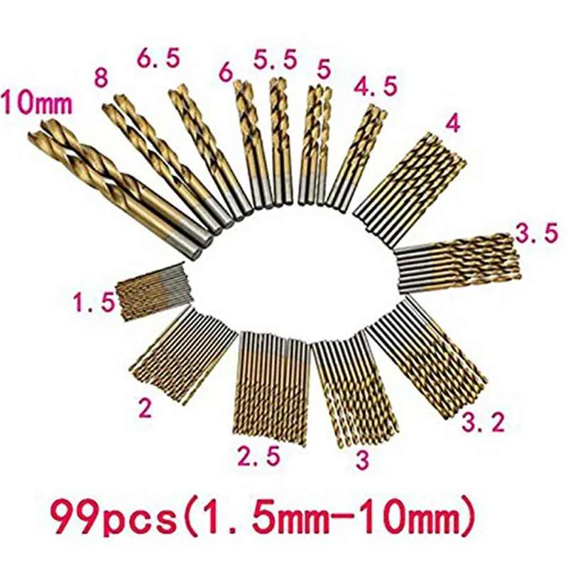 Новинка 99 шт 1,5 мм-10 мм титановые HSS сверла с покрытием из нержавеющей стали HSS высокоскоростные сверла Набор для электрической дрели
