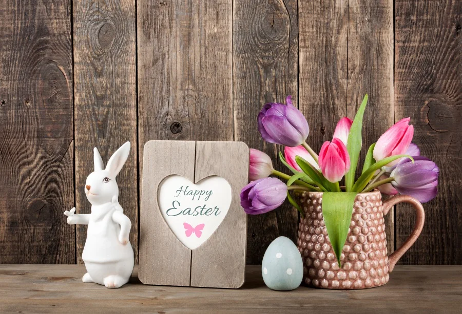 

Laeacco Easter Egg Bunny Flowers Wooden Board Photo Backgrounds Customized Digital Photography Backdrops For Photo Studio
