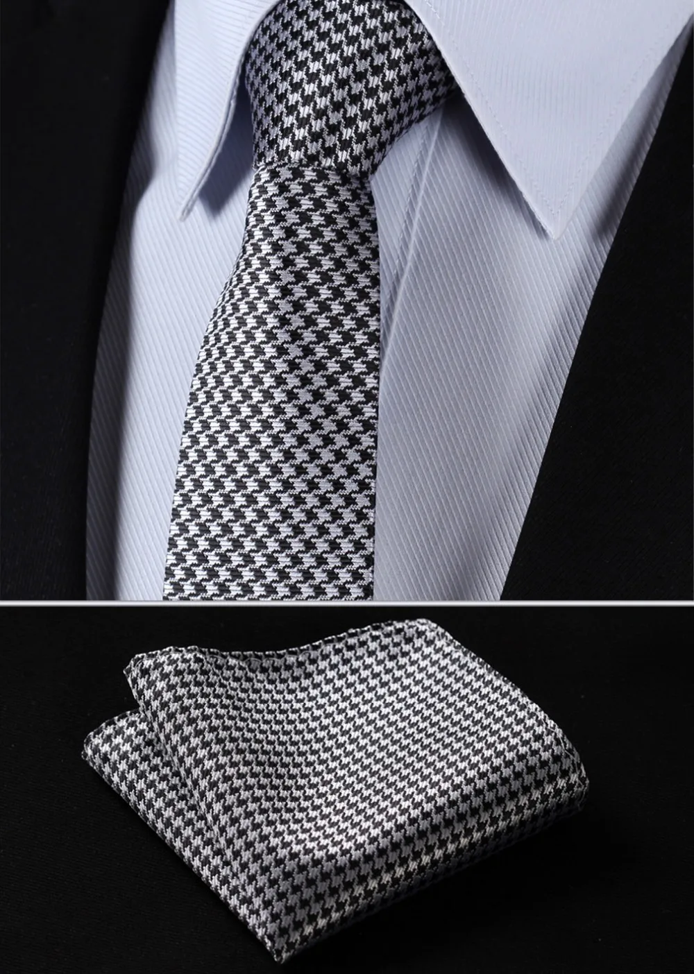 TG1001L7 Black Grey Houndstooth 2.75" 100Silk Jacquard Slim Skinny