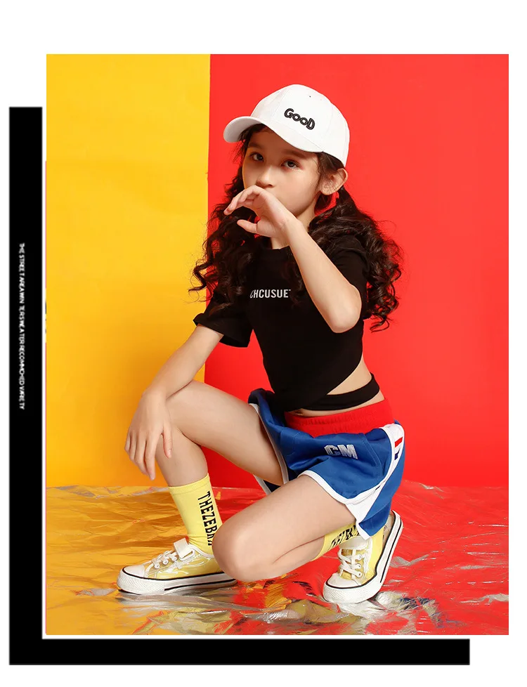 Детская Одежда в стиле хип-хоп черная футболка короткий топ спортивные шорты для бега для девочек детские танцевальные костюмы одежда