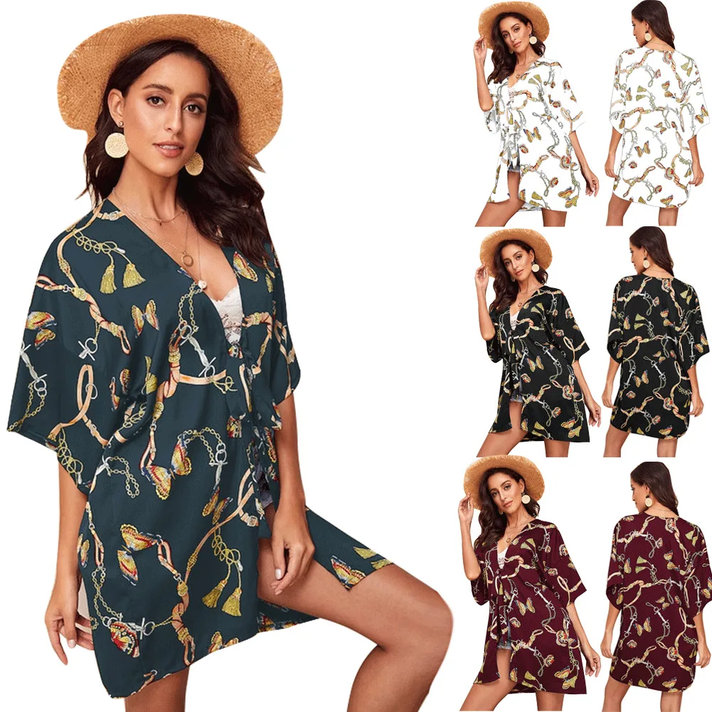 

New Women's Long Blouse Fashion Kimono Cardigan Boho Beach Floral Half Sleeve Tops Summer Long Blouse