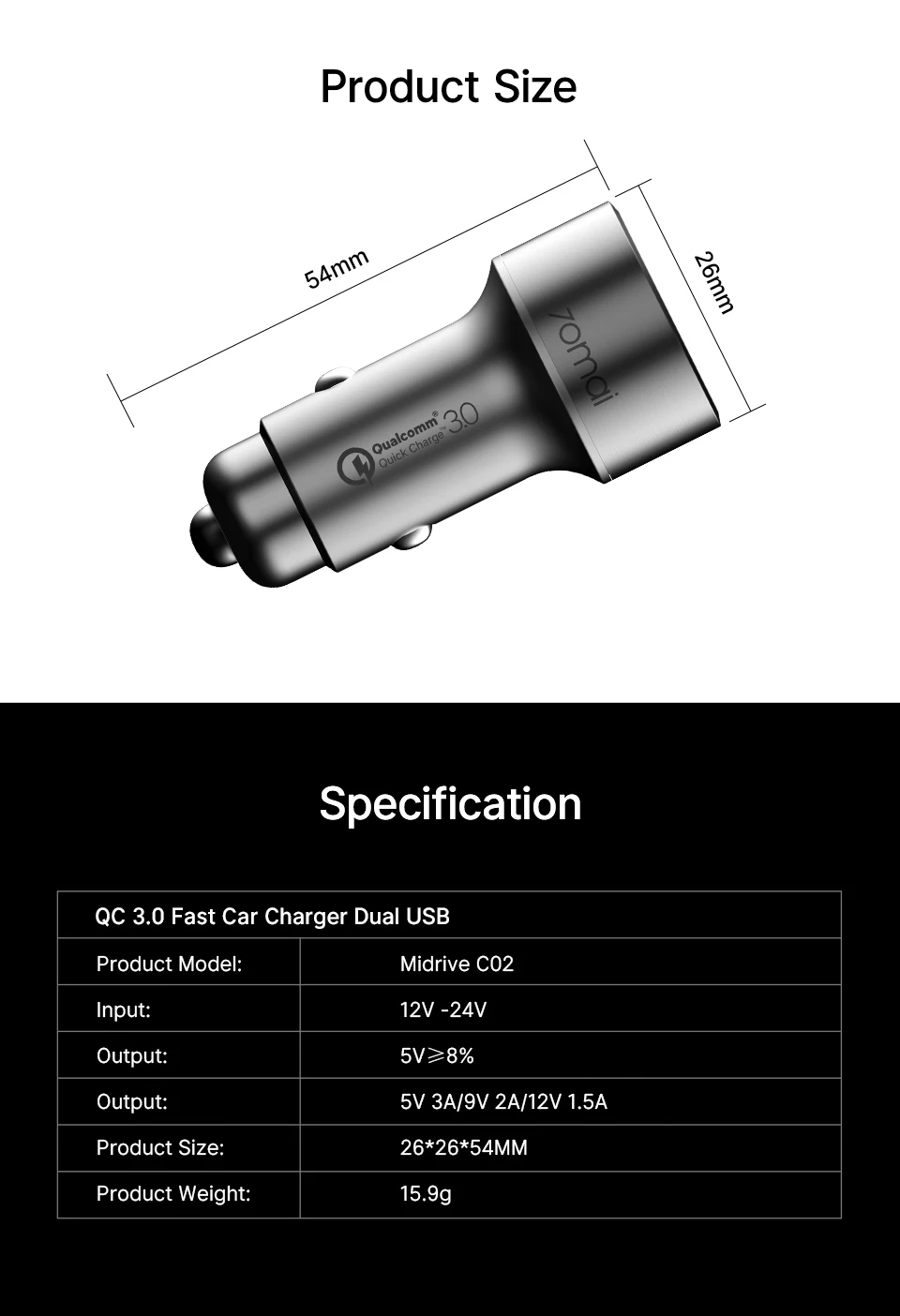 70mai QC 3,0 Быстрая зарядка двойной USB Автомобильное зарядное устройство 70 mai металлический чехол 2USB автомобильное зарядное устройство Android iOS для телефонов