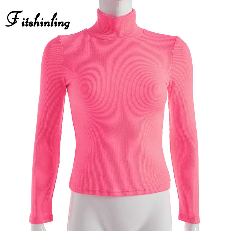 Fitshinling Fashion hot fluorescence t-shirts women tops neon long sleeve slim turtlenecks female t-shirt solid t shirt - Цвет: fluorescence rose