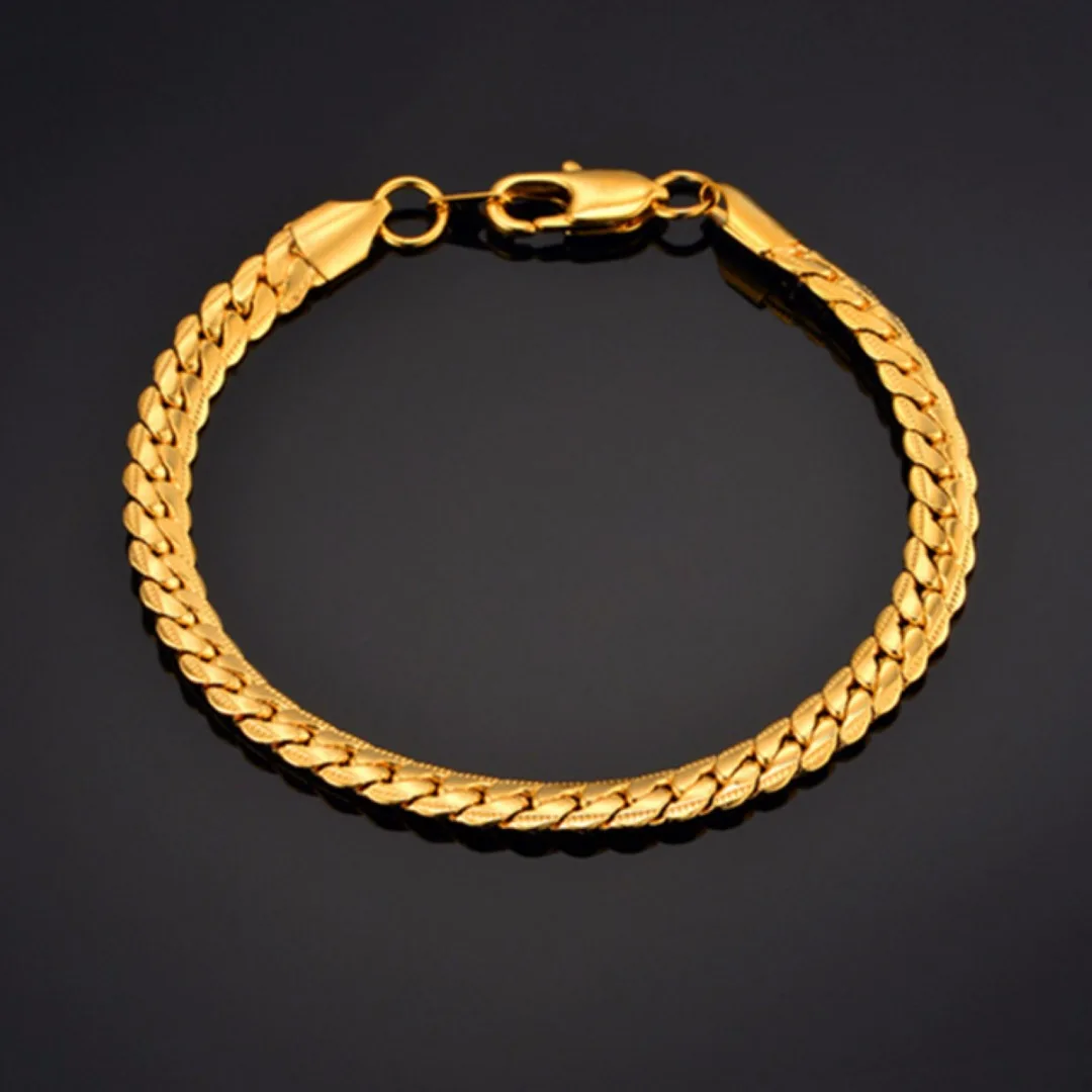 Men Flat Snake Bone 18K Gold Plated Curb Chain Fashion Bangle Bracelet Jewelry 