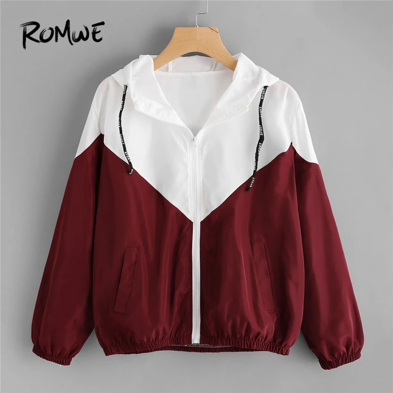 ROMWE Fashion Hooded Two Tone Windbreaker Jacket Zipper Pockets Coats And Jackets 2018 Autumn