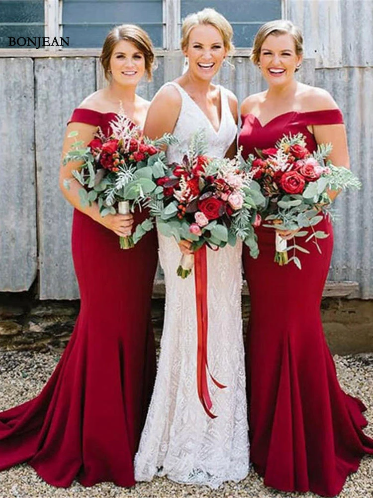 Burgundy Sweetheart Off Shoulder Sleeveless Mermaid Bridesmaid Dresses_副本