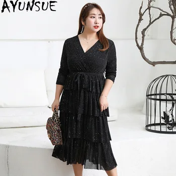 

AYUNSUE Woman Dress 2020 Spring Summer Sequin Plus Size Dress Elegant Midi Korean Long Sleeve Party Dresses Vestido Beach KJ2094
