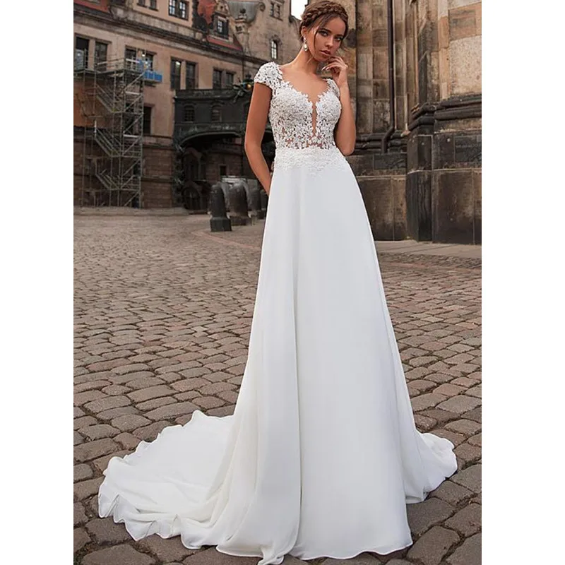 

Sexy Illusion Lace Wedding Dress with Short Sleeve Bridal Gown Vestido De Noiva High Quality Custom Make
