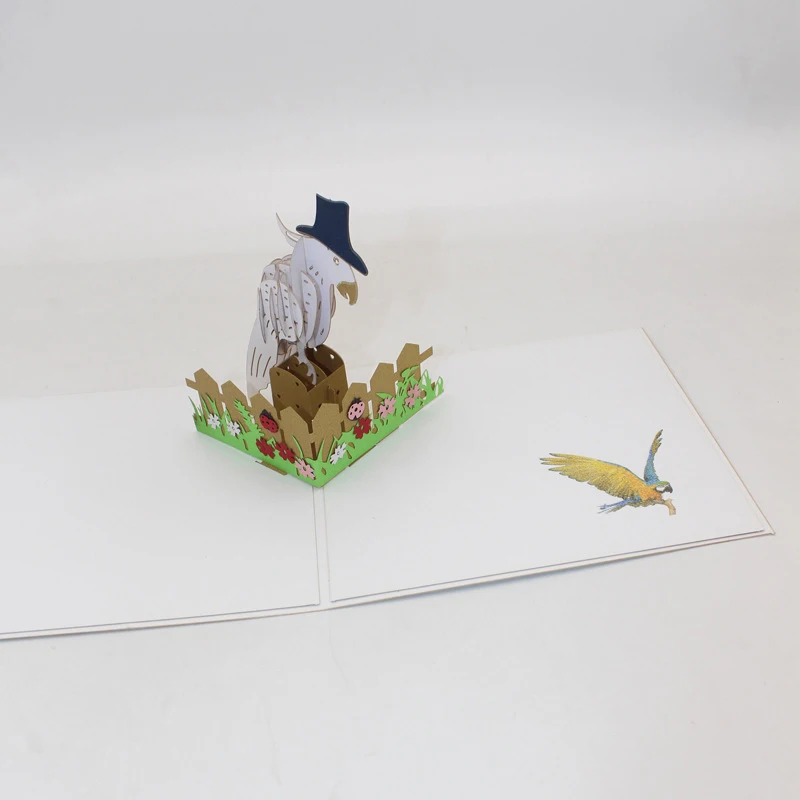  3D Handmade Wearing Bowler Hat White Parrot Paper Invitation Greeting Cards Postcard Kids Birthday  - 33019410615