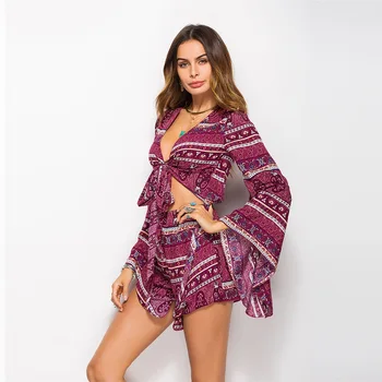 

2019 Summer Floral Print Beach Romper Playsuit Beach Boho Deep V Neck Women Flare Sleeve Tie Waist Frill Trim Floral Belted