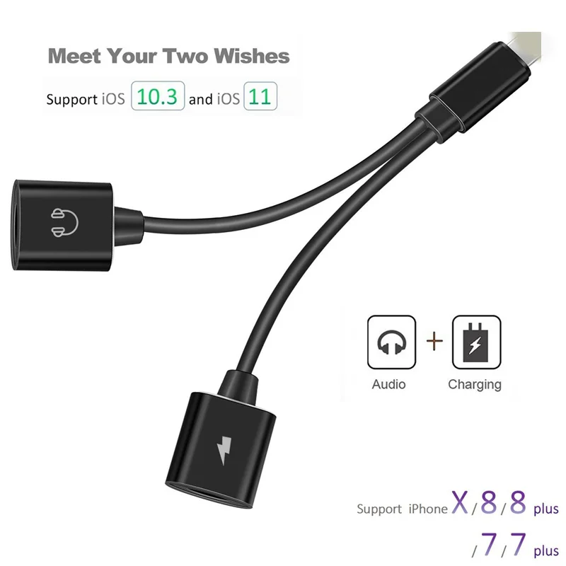 2 In 1 Headphone Adapter for Iphone X 7 8 Plus Dual USB Headphone Charging & Music Adapter Cable Splitter Cable for Iphone8 2 In 1 Headphone Adapter for Iphone X 7 8 Plus Dual USB Headphone Charging & Music Adapter Cable Splitter Cable for Iphone8