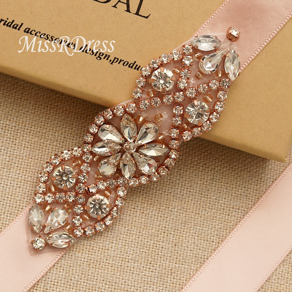 MissRDress Hand Beaded Bridal Belt Rhinestones Bridal Sash Rose Gold Crystal Wedding Sash Belt For Wedding Party Gown JK853
