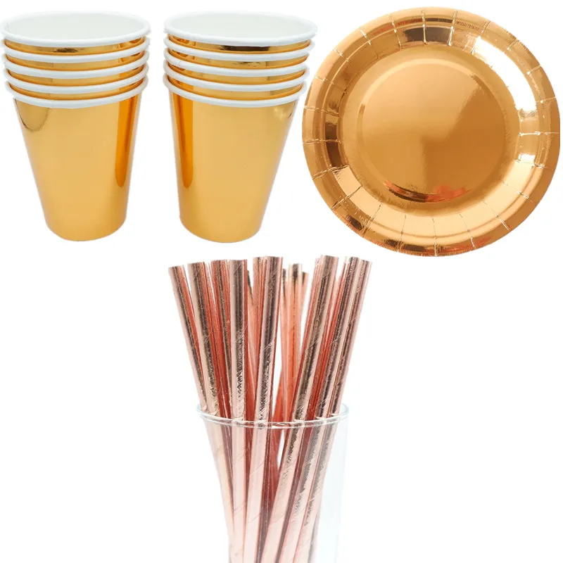 

Rose Gold Disposable Tableware Sets Champagne Party Cup Plate Party Tableware for Wedding Decor Birthday Party Supplies