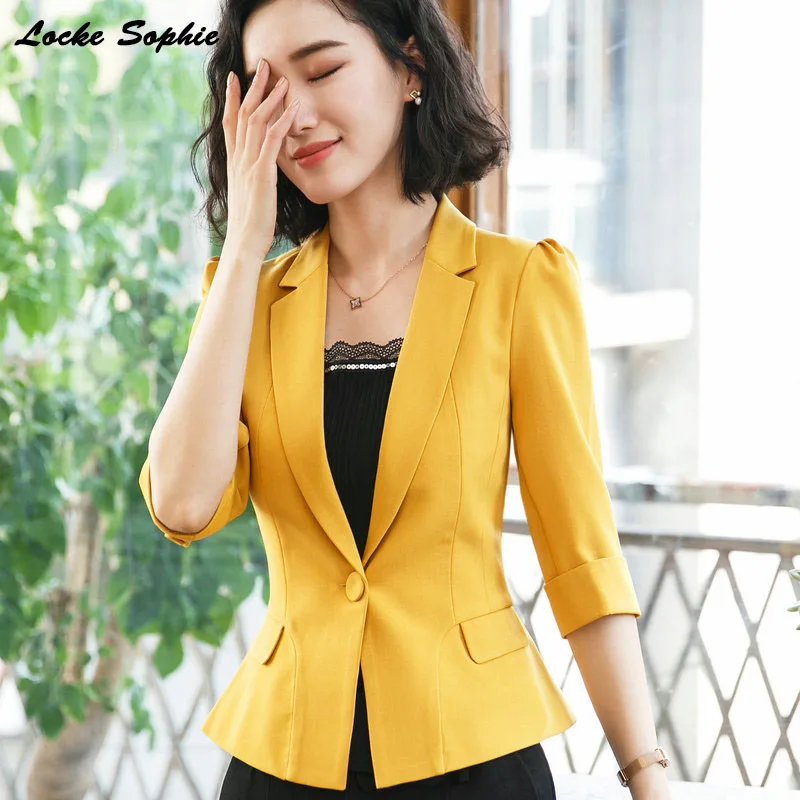 1pcs Women's Plus size Blazers coats 2019 Summer cotton Splicing Small Suits jackets ladies Skinny office Blazers Suits coats