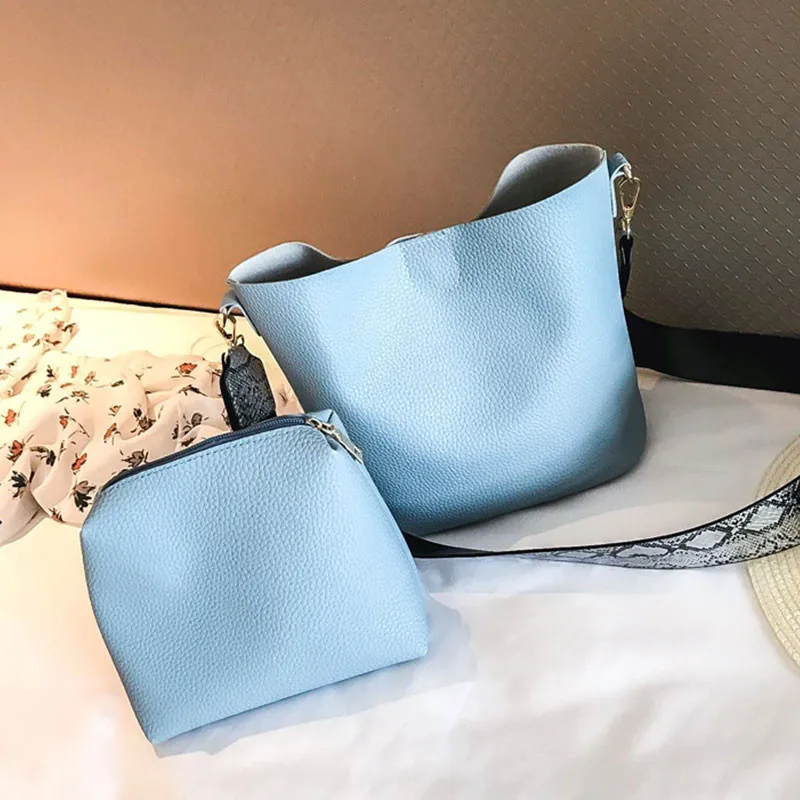 

bags for women 2019 fashion luxury pu leather wide strap serpentine design handbags bucket Messenger shoulder purse 2 pc/set