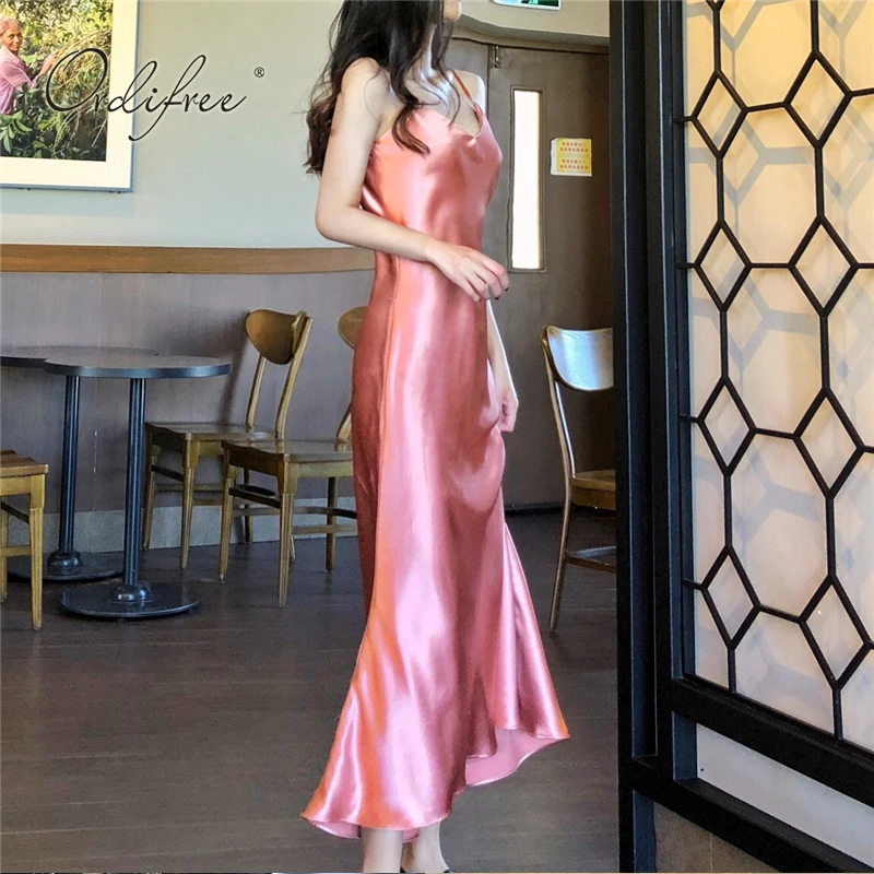 Ordifree, летнее женское длинное атласное платье-комбинация, винтажные Вечерние платья на бретельках, розовое, Золотое шелковое сексуальное Макси платье