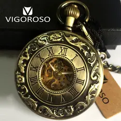 Античная автоматический подзавод карманные часы Скелет римскими цифрами бронзовый сплав Дело FOB цепи кулон Винтаж часы Для мужчин подарки