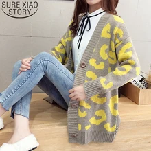 Вязаный модный женский свитер с открытым с стежком Длинным Рукавом Леопардовый свитер свободный Повседневный женский мягкий свитер 5204 50