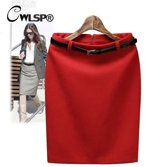 S-XXXXL Plus Size Winter Autumn Fashion Vintage Women's Medium-long High Waist Skirt Lady Women Pencil Skirt with Belt SKT365 - Цвет: red