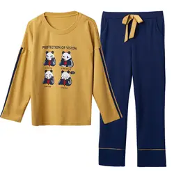 2019 новые пижамы женские весенние с длинными рукавами с круглым вырезом с рисунком панды футболка + брюки 2 шт. пижамы повседневная домашняя
