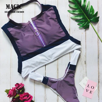 

Sexy Swimwear Women Female Swimsuit Solid High Collar Zipper Bathing Suits Bikini Set Swim Wear Blue Yellow Beachwear Girl