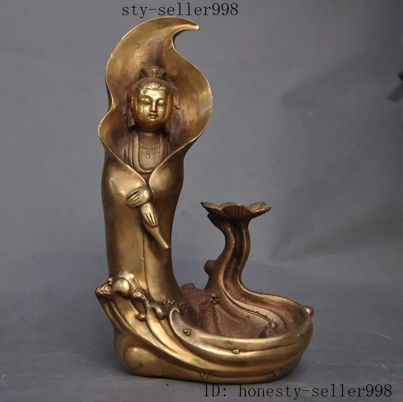 

christmas 10"China buddhism Temple brass Lotus kwan-yin GuanYin buddha Backflow incense halloween