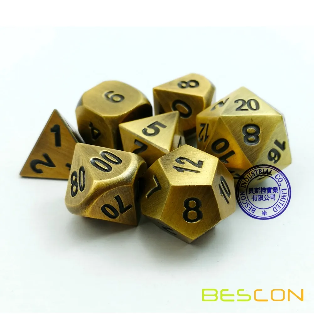 Bescon Brass Solid Metal Polyhedral D&D Dice Set of 7 Copper Metal RPG Role Playing Game Dice 7pcs Set 4