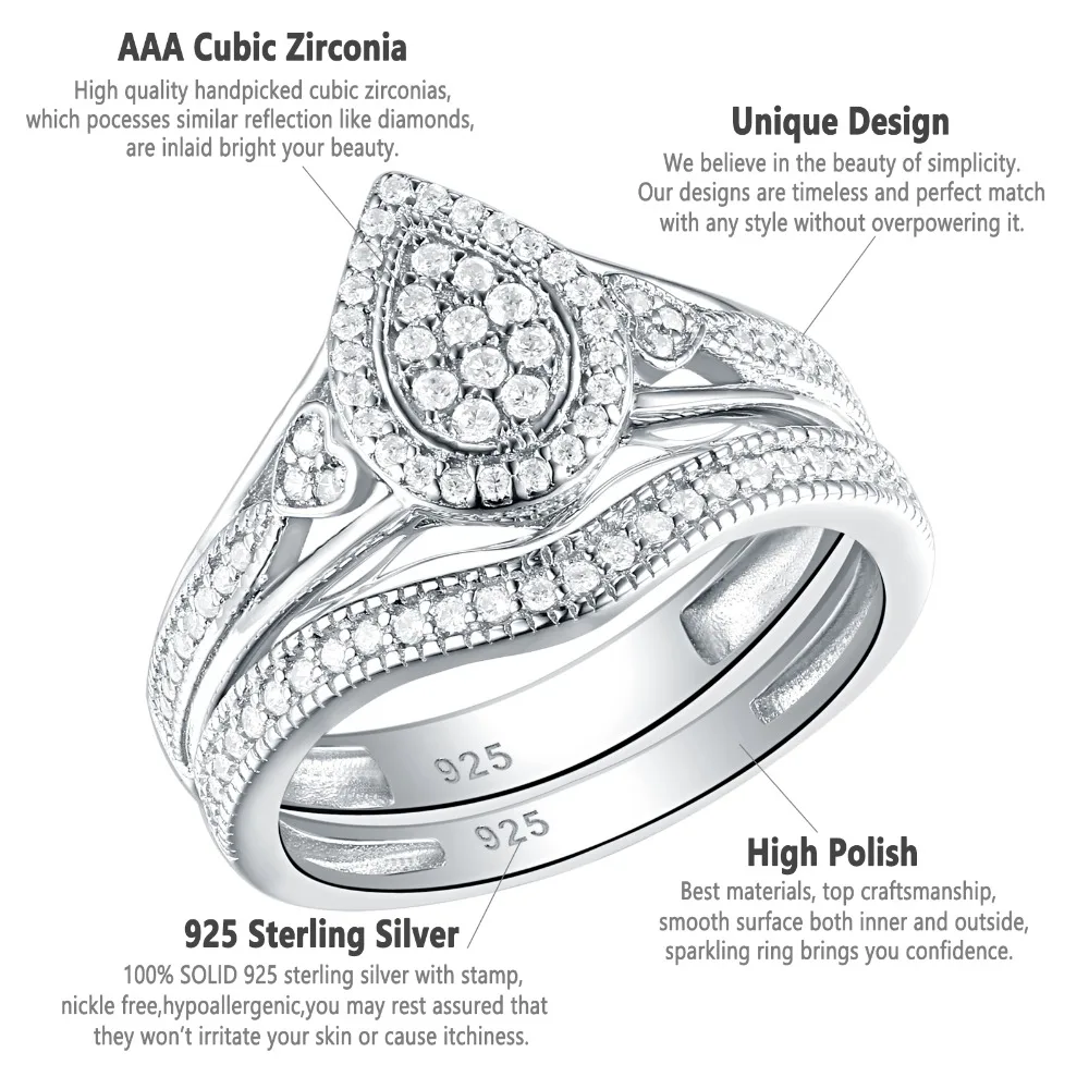 Обручальные кольца Newshe из стерлингового серебра 925 пробы для женщин, Груша и сердце, круглая огранка AAA CZ, кольцо для помолвки, набор модных ювелирных изделий