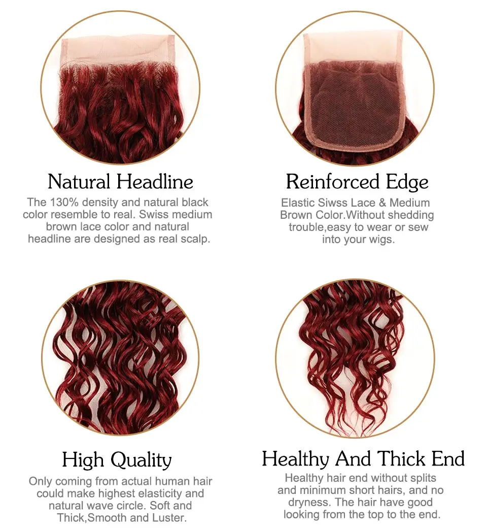 Pinshair Red 99J Brazilian Water Wave 3 Bundles With Closure Burgundy Wet Wavy Non Remy Human Hair With Lace Closure Thick Hair (11)