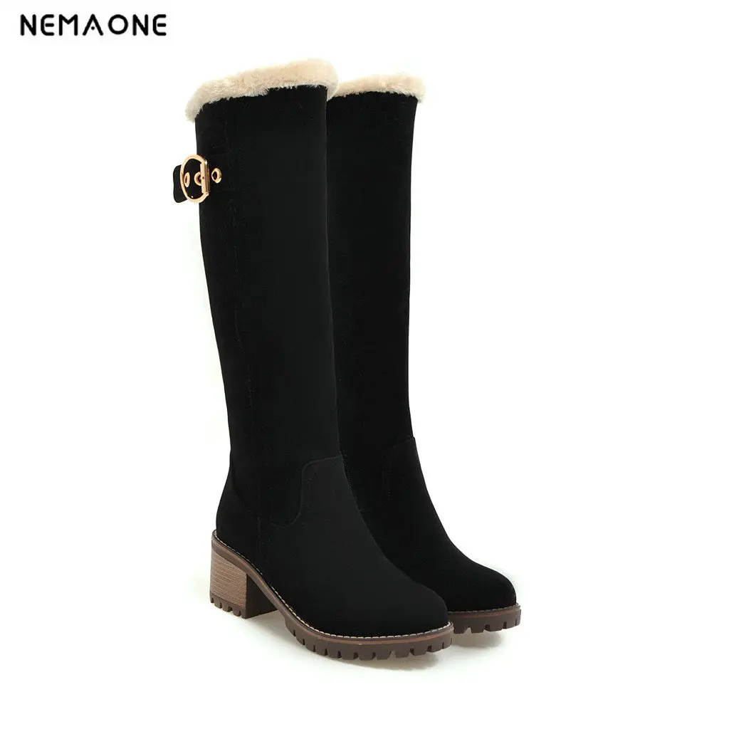 Achat NEMAONE Femmes Bottes Femme Chaussures D hiver Femme De Fourrure de Neige Chaude Bottes De Mode Carré Haute Talons genou haute Bottes Noir Bottes