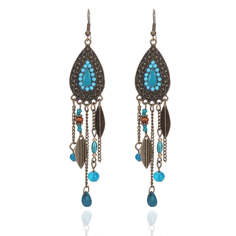 

2018 Jewelry Long Ethnic Earrings Antique Gold-Color Tassel Coloful Beads Leaf Tassel Earrings Female Gifts