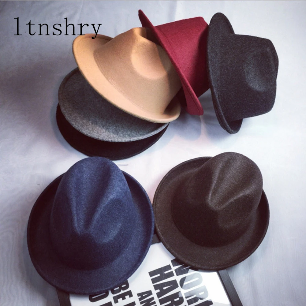 Wide Brim pin Black Flat Brim Felt Jazz Hat Autumn Winter Bowler Hats for Women Men prom Party cap Solid color Gorra