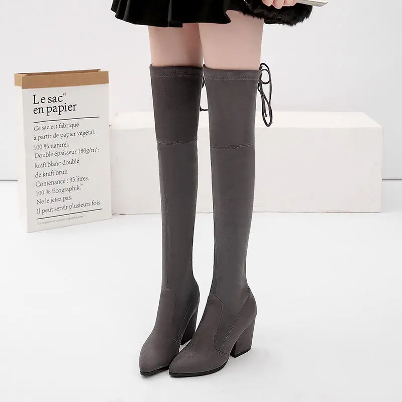 

Dilalula New Arrival Comfortable 34-43 Pointed Toe 8cm High Square Heels over-the-knee Ladies Boots 9 Colors Thin Fur Addable
