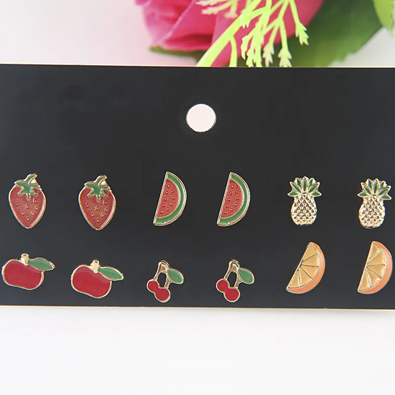 

YANG&RH 6 Pairs/Set Cute Enamel Stud Earrings Set Trendy Gold-color Fruit Orange/Strawberry/Pineapple/Cherry Mini Earrings