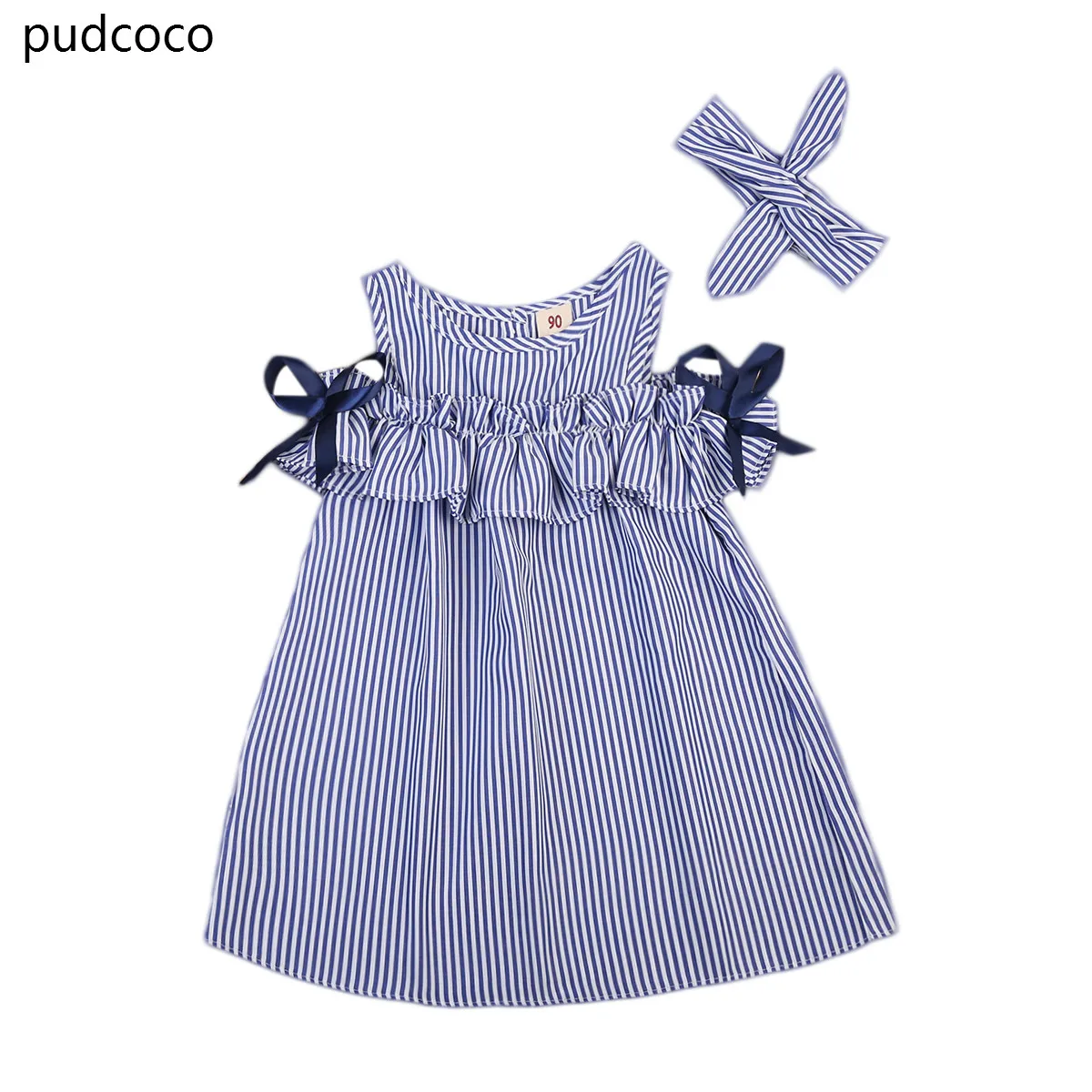 

Summer Toddler Kids Baby Girls Dresses Clothes Striped Off-shoulder Ruffles Dress Blue Party Ball Gown Dress Girls Clothing