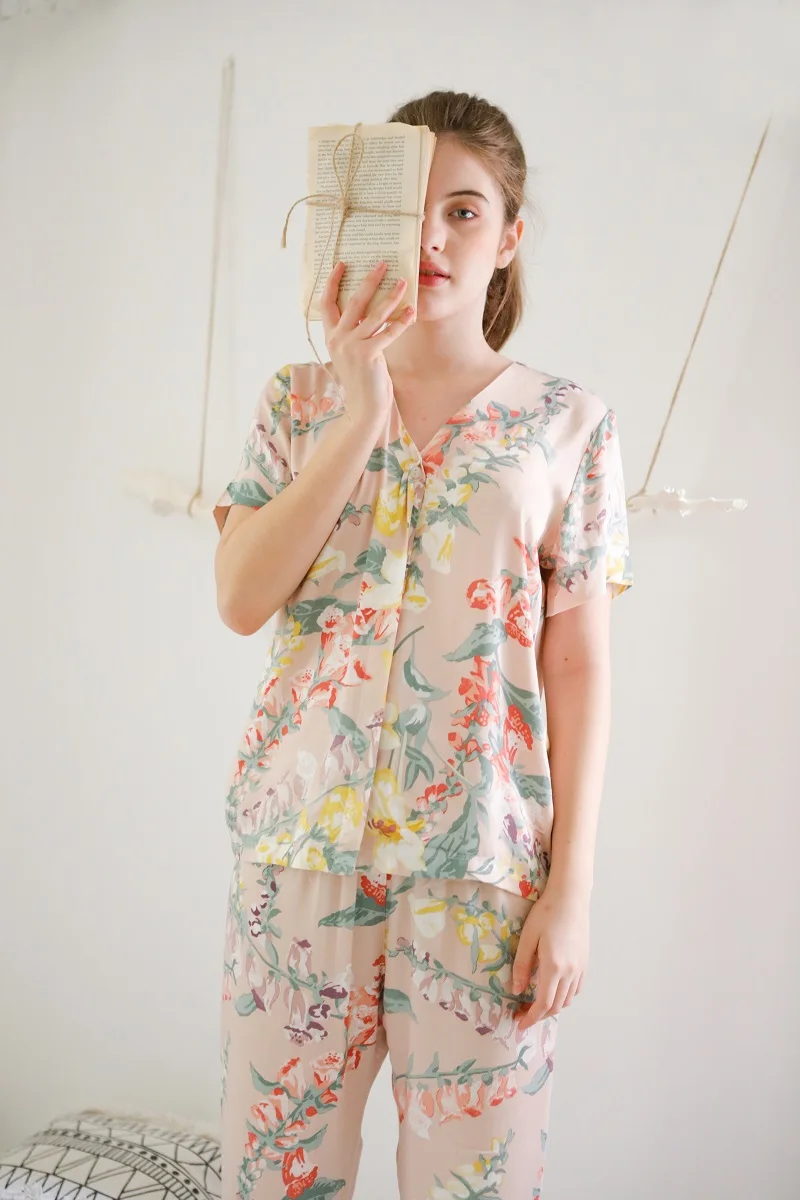 Модная Цветочная вискозная женская пижама с длинным рукавом Весна Лето Повседневная Свободная Пижама размера плюс