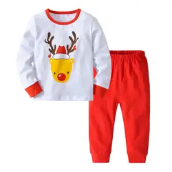 2018 осень и зима Новый Детские пижамы Рождественский олень печатных красные штаны Рождественский Термальность нижнее белье для мальчиков
