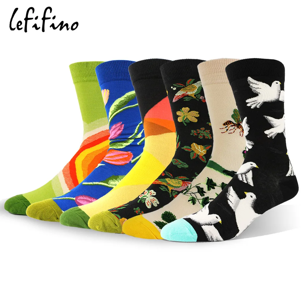 

LeFifino Animal Pigeon Birds Peace Dove Men Combed Cotton Landscape Dress Socks Flower Tulip Colorful Stripes Sock Le40340