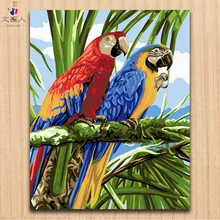 Масляные краски по номерам две влюбленных красного и синего цвета в виде попугаев из изображением животных и птиц; с цветочным принтом; на картины по номерам с комплекты в качестве подарка друзьям 40x50