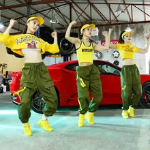Костюм в стиле хип-хоп желтая блузка Зеленые рабочие брюки взрослые Чирлидер уличная танцевальная одежда Rave Женская Современная сценическая одежда DT995