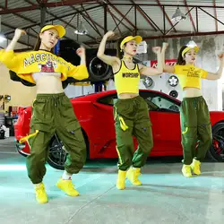Костюм в стиле хип-хоп желтая блузка Зеленые рабочие брюки взрослые Чирлидер уличная танцевальная одежда Rave Женская Современная