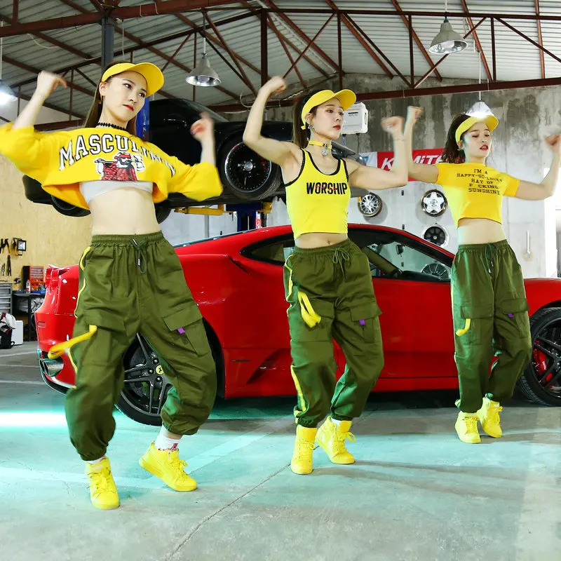 

Hip Hop Costume Yellow Blouse Green Tooling Pants Adults Cheerleader Street Dance Clothing Rave Women Modern Stage Wear DT995