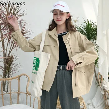 

Jackets for Women Zipper Stand Collar Solid Simple All-match Korean Style Jacket Womens Cotton BF Harajuku Students Overcoats