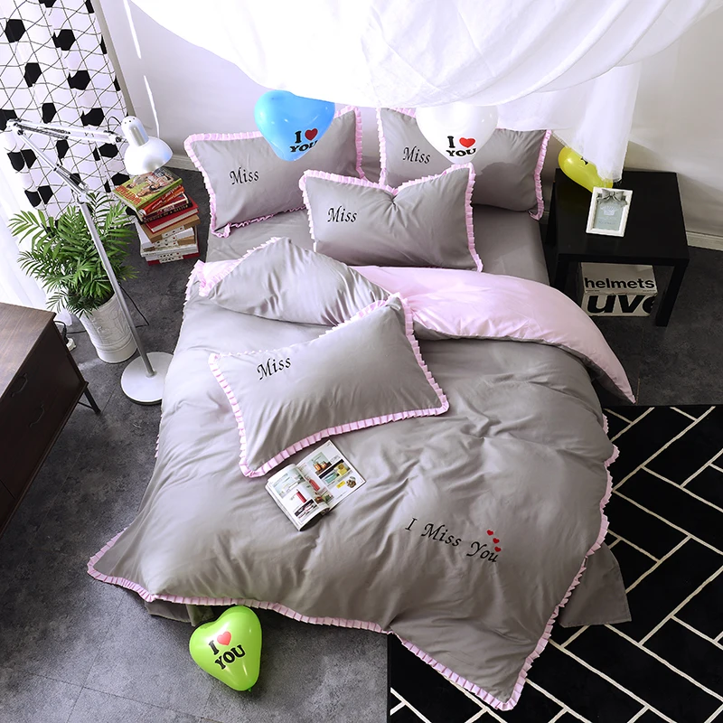 

New Style Alphabet Miss Gray 4PC Bed Skirts Pillowcase Duvet Cover Sanding Bedding Full/Queen/King /Super King Size Bedding